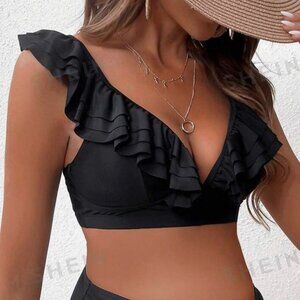 NEW SHEIN Swimsuit Top With Ruffle Trim Black Bikini TOP only XL (12)